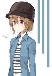 Rule 34 | 1girl, blush, brown hair, bucket hat, closed mouth, hair between eyes, hat, highres, jacket, kooan, looking to the side, open clothes, open jacket, original, purple eyes, shirt, signature, simple background, solo, striped clothes, striped shirt, two-tone background, upper body, v-neck, white background