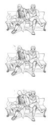 Rule 34 | 2boys, ?, arrow (symbol), assassin&#039;s creed, assassin&#039;s creed (series), assassin&#039;s creed iii, bench, book, boots, cat, connor kenway, george washington, greyscale, highres, hood, male focus, monochrome, multiple boys, sketch, sunny (mnbvjkuy)