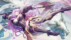 Rule 34 | 1girl, absurdres, armor, axe, black panties, breasts, camilla (fire emblem), cleavage, commission, dragon, fire emblem, fire emblem fates, fujii eishun, gloves, hair over one eye, highres, holding, holding axe, large breasts, lips, long hair, nintendo, open mouth, panties, purple eyes, purple hair, scales, skeb commission, smile, solo, tiara, underwear, very long hair, wavy hair, wyvern