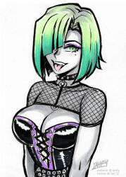 Rule 34 | 1girl, artist name, breasts, cleavage, collar, eyeshadow, fishnets, green eyes, green hair, hair over one eye, highres, iahfy, jade (iahfy), looking at viewer, makeup, medium breasts, mole, mole under eye, open mouth, original, patreon username, short hair, simple background, sketch, solo, spiked collar, spikes, teeth, tongue, tongue out, twitter username, upper body, watermark, white background