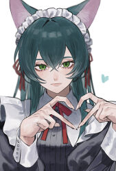 Rule 34 | 1girl, aqua hair, cat girl, cropped arms, cropped torso, double-parted bangs, dress, finger heart, fingernails, frilled dress, frills, green eyes, grey dress, hair between eyes, hair ribbon, heart, highres, itou (very ito), juliet sleeves, long hair, long sleeves, looking at viewer, maid, maid headdress, original, puffy sleeves, red ribbon, ribbon, sharp fingernails, sidelocks, slit pupils, white background, wrist cuffs