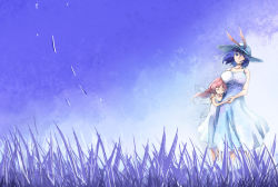 Rule 34 | 2girls, bare shoulders, blue hair, blue sky, blue theme, breasts, closed eyes, commentary request, couple, dress, fairy maid (touhou), gradient background, grass, hat, large breasts, long hair, multiple girls, nagae iku, pink hair, ponytail, short hair, size difference, sky, smile, touhou, white dress, wide shot, yohane