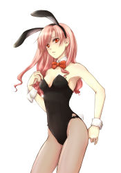 Rule 34 | 1girl, animal ears, armpits, bacopa, blush, bow, bowtie, breasts, earrings, fake animal ears, female focus, fishnet pantyhose, fishnets, jewelry, long hair, looking at viewer, pantyhose, pink hair, playboy bunny, rabbit ears, rabbit tail, red eyes, shy, solo, source request, tail, wrist cuffs