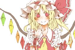 Rule 34 | 1girl, 817nono, ascot, bad id, bad pixiv id, blonde hair, blush, bow, female focus, flandre scarlet, frills, hat, hat bow, long hair, nonomiya (817nono), red eyes, ribbon, short sleeves, side ponytail, simple background, sketch, smile, solo, touhou, white background, wings, wrist cuffs, wristband