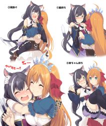 Rule 34 | 2girls, ^ ^, afterimage, ahoge, animal ears, ankle boots, backless outfit, bare shoulders, black hair, black legwear, blue eyes, blush, boots, breast press, breasts, brown footwear, carrying, carrying person, cat ears, cat girl, cat tail, cheek-to-cheek, closed eyes, closed mouth, commentary request, corset, detached sleeves, closed eyes, fang, frilled sleeves, frills, gloves, green eyes, heads together, highres, hug, karyl (princess connect!), large breasts, long hair, long sleeves, looking at another, looking at viewer, low twintails, multicolored hair, multiple girls, multiple views, necktie, nose blush, orange hair, pecorine (princess connect!), princess connect!, red neckwear, short sleeves, simple background, smile, star (symbol), streaked hair, tail, tail wagging, thighhighs, tiara, translation request, twintails, two-tone hair, v-shaped eyebrows, very long hair, white background, white gloves, white hair, wide-eyed, yappen, yuri
