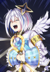 Rule 34 | 1girl, absurdres, amane kanata, angel wings, armband, bare shoulders, blue bow, blue bowtie, blue eyes, blue hair, bob cut, bow, bowtie, bulging eyes, closed eyes, colored inner hair, eye pop, fangs, hair between eyes, halo, highres, hololive, ikyuu nori, long sleeves, multicolored hair, open mouth, pink hair, ring (ring fit adventure), ring fit adventure, sailor collar, school uniform, shirt, short hair, silver hair, single hair intake, sleeve cuffs, sleeves rolled up, solo, star halo, streaked hair, tagme, upper body, virtual youtuber, white shirt, white wings, wings