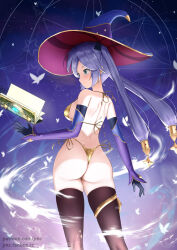 Rule 34 | 1girl, ass, back, bikini, black gloves, black thighhighs, book, breasts, bug, butterfly, closed mouth, from behind, genshin impact, gloves, gold, gold bikini, gold trim, green eyes, grimoire, hat, highres, insect, joko jmc, medium breasts, mona (genshin impact), purple hair, solo, strap gap, swimsuit, thighhighs, thighlet, twintails, white butterfly, witch hat