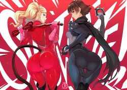 Rule 34 | 2girls, ass, ass focus, blonde hair, blue eyes, bodysuit, boots, breasts, brown hair, cameltoe, come hither, from behind, gloves, highres, huge ass, impossible bodysuit, impossible clothes, large breasts, long hair, looking at viewer, looking back, multiple girls, naughty face, niijima makoto, persona, persona 5, red eyes, revolverwing, scarf, short hair, sideboob, skin tight, smile, takamaki anne, tongue, tongue out, twintails, whip