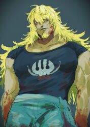 Rule 34 | 1boy, ame ekai, bara, blonde hair, blood, blood on arm, blood on face, contrapposto, cowboy shot, denim, expressionless, facial hair, goatee, highres, jeans, killer (one piece), large pectorals, long hair, looking at viewer, male focus, muscular, muscular male, one piece, pants, pectorals, shirt, solo, standing, tsurime