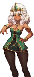 Rule 34 | 1girl, absurdres, armlet, bare shoulders, black pantyhose, blunt bangs, blush, bracelet, breasts, cleavage, commentary, curvy, dark-skinned female, dark skin, dress, eyeshadow, green dress, hand on own hip, highres, jewelry, league of legends, looking at viewer, makeup, medium breasts, medium hair, necklace, nose blush, off-shoulder dress, off shoulder, open mouth, outstretched arm, pantyhose, qiyana (league of legends), short dress, simple background, skin tight, socks, solo, standing, stoll (tmxhf), sweatdrop, symbol-only commentary, thick thighs, thigh gap, thighs, tiara, white background, white hair, wide hips, yellow eyes