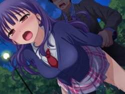 Rule 34 | 1girl, arm grab, bent over, blue hair, blush, breasts, clothed sex, dutch angle, floating hair, formal, highres, large breasts, leaning forward, legs, long hair, long sleeves, looking at viewer, moaning, necktie, night, open mouth, original, outdoors, park, plaid, plaid skirt, pussy juice, red eyes, school uniform, sex, skirt, sky, solo focus, suit, thighs, tree, vaginal, wet