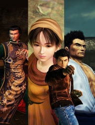 Rule 34 | 1girl, 3boys, 3d, belt, black hair, brown hair, chinese clothes, clenched hand, denim, fighting stance, hat, hazuki iwao, hazuki ryou, jacket, jeans, lan di, ling shen hua, lipstick, makeup, multiple boys, official art, pants, red eyes, sega, shenhua, shenmue, shenmue i, spiked hair