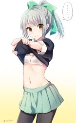 Rule 34 | ..., 1girl, black pantyhose, bow, bra, breasts, clothes lift, cowboy shot, gradient background, green bow, green skirt, grey hair, hair bow, hair intakes, highres, ica, kantai collection, long hair, looking at viewer, navel, orange eyes, pantyhose, parted lips, pleated skirt, ponytail, shirt lift, skirt, small breasts, solo, spoken ellipsis, stomach, training bra, twitter username, underwear, white bra, yuubari (kancolle)