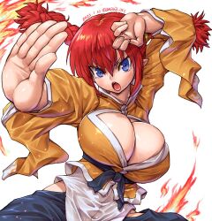 Rule 34 | 1girl, amania orz, blue eyes, braid, breasts, cleavage, cleavage cutout, clothing cutout, cowboy shot, dated, disgaea, female brawler (disgaea), hair between eyes, large breasts, long sleeves, looking at viewer, open mouth, pointy ears, red hair, shirt, simple background, solo, twin braids, twitter username, white background, yellow shirt