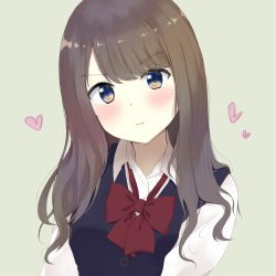 Rule 34 | 1girl, 7 calpis 7, absurdres, black vest, blue eyes, blush, bow, brown background, brown hair, closed mouth, collared shirt, dress shirt, frown, head tilt, heart, highres, long hair, looking at viewer, original, red bow, school uniform, shirt, solo, upper body, v-shaped eyebrows, vest, white shirt