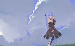 Rule 34 | 1girl, armlet, bare shoulders, belt, belt pouch, blue eyes, blue hair, cloud, cloudy sky, dress, eyebrows, from side, grass, hair ribbon, highres, jacket, knee pads, long hair, looking at viewer, matching hair/eyes, mof, mof&#039;s silver haired twintailed girl, necktie, off shoulder, orange necktie, original, pouch, rain, ribbon, scratching cheek, see-through, sky, sleeveless, solo, thighhighs, twintails, very long hair, wet, white thighhighs