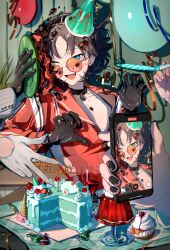 Rule 34 | 5boys, absurdres, akira (nupekwa), balloon, black collar, black gloves, black hairband, black nails, blush, brown hair, cake, candy, cellphone, collar, collarbone, collared shirt, commentary, confetti, cupcake, earrings, fang, fingernails, fishnet gloves, fishnets, food, gelatin, glasses, gloves, green eyes, hairband, hands up, happy birthday, hat, highres, holding, holding phone, ike eveland, in the face, jewelry, long sleeves, looking at viewer, luca kaneshiro, luxiem, male focus, multicolored shirt, multiple boys, mysta rias, nail polish, nijisanji, nijisanji en, one eye closed, open mouth, orange-tinted eyewear, orange shirt, parted bangs, party hat, party horn, phone, pie in face, plate, recording, round eyewear, shirt, short hair, shu yamino, sidelocks, smartphone, smile, solo focus, streamers, striped clothes, striped shirt, stud earrings, table, tilted headwear, tinted eyewear, upper body, vertical-striped clothes, vertical-striped shirt, virtual youtuber, vox akuma, white gloves
