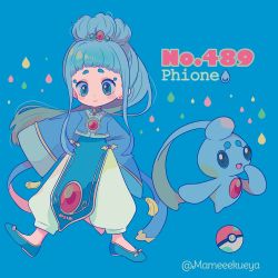 Rule 34 | 1girl, baggy pants, blue background, blue eyes, blue footwear, blue hair, blush, character name, creatures (company), earrings, english text, full body, game freak, gen 4 pokemon, highres, jewelry, long hair, long sleeves, looking at viewer, moemon, mythical pokemon, narumame, nintendo, open mouth, pants, personification, phione, poke ball, poke ball (basic), pokedex number, pokemon, pokemon (creature), shoes, sidelocks, simple background, smile, standing, standing on one leg, twitter username, wide sleeves