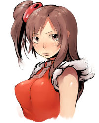Rule 34 | 1girl, alternate hairstyle, bad id, bad pixiv id, blush, breasts, brown hair, chinese clothes, fur trim, heisa, large breasts, ling xiaoyu, lips, long hair, ponytail, side ponytail, solo, tekken, upper body