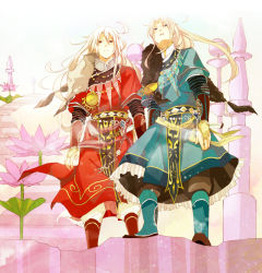Rule 34 | 2boys, albino, androgynous, arm guards, beads, blonde hair, blue (saga frontier), blue eyes, bracelet, dagger, flower, forehead jewel, from below, full body, fur trim, gem, hair ornament, jewelry, knife, layered sleeves, long hair, long sleeves, looking at viewer, lotus, male focus, multiple boys, necklace, red eyes, ribbon, rouge (saga frontier), saga, saga frontier, scarf, sheath, sheathed, short over long sleeves, short sleeves, siblings, skirt, souichi, standing, twins, very long hair, weapon, white hair