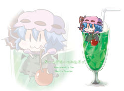 Rule 34 | 1girl, :3, bad id, bad pixiv id, blue hair, cherry, chibi, detached wings, drink, drinking straw, female focus, food, fruit, hat, hat ribbon, ice, ice cream, juice, noai nioshi, puffy sleeves, remilia scarlet, ribbon, short hair, short sleeves, solo, tongue, touhou, wings