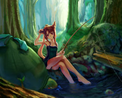 Rule 34 | 1girl, animal ears, arm up, armpits, bare legs, barefoot, blush, brown hair, dress, feet, female focus, fishing, fishing rod, forest, hand on own ear, hand on own ear, head tilt, legs, long hair, nature, original, outdoors, ponytail, sitting, soaking feet, solo, st.microscope, strapless, strapless dress, swimsuit, turtle, water