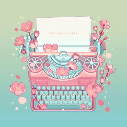 Rule 34 | animated, animated gif, artist name, blue background, cherry blossoms, english text, flower, gradient background, highres, no humans, object focus, original, paper, pink flower, simple background, snowlattes, sparkle, still life, typewriter