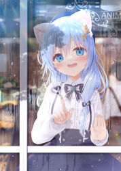 Rule 34 | 1girl, against glass, animal ear fluff, animal ears, black bow, black bowtie, black skirt, blue eyes, blue hair, blush, bow, bowtie, cat ears, center frills, collared shirt, commentary, condensation, cowboy shot, fang, frilled shirt, frills, from outside, glass writing, hair between eyes, hair ornament, hand on glass, hand on window, hands up, highres, key hair ornament, long hair, long sleeves, looking at viewer, looking outside, maid, mint (uchi no pet jijou), open mouth, shirt, skirt, smile, solo, standing, star (symbol), star in eye, symbol-only commentary, symbol in eye, uchi no pet jijou, white shirt, window, window fog, yano mitsuki (nanairo)