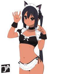 Rule 34 | 1girl, animal ears, apron, bikini, black bikini, black choker, black hair, blush, blush stickers, breasts, cat ears, choker, commentary, contrapposto, cowboy shot, english commentary, hair between eyes, hands up, highres, j adsen, k-on!, kemonomimi mode, long hair, looking at viewer, maid, maid bikini, maid headdress, midriff, nakano azusa, navel, parted lips, paw pose, puffy short sleeves, puffy sleeves, short sleeves, shrug (clothing), side-tie bikini bottom, simple background, small breasts, solo, stomach, swimsuit, tan, twintails, unconventional maid, very long hair, waist apron, white background, wristband