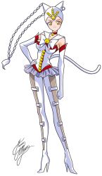 Rule 34 | 1girl, alternate color, alternate universe, animal ears, bell, bishoujo senshi sailor moon, boots, bow, cat ears, cat tail, choker, elbow gloves, full body, gloves, hand on own hip, jingle bell, leotard, light persona, marco albiero, miniskirt, sailor collar, sailor mau, sailor tin nyanko, signature, skirt, smile, solo, standing, tail, white background, white bow, white footwear, white gloves, yellow eyes