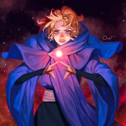 Rule 34 | 1girl, absurdres, blonde hair, blue cloak, blue eyes, castlevania (series), castlevania (netflix), cloak, energy ball, fighting stance, highres, looking at viewer, magic, ori dal, parted lips, sash, solo, sypha belnades, upper body