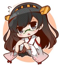 Rule 34 | 10s, 1girl, :&lt;, alternate hair length, alternate hairstyle, bare shoulders, black hair, bloom2425, blue eyes, blush, chibi, commentary request, detached sleeves, glasses, green-framed eyewear, hair ornament, hairband, headgear, holding, holding hair, japanese clothes, kantai collection, kirishima (kancolle), long hair, looking at viewer, nontraditional miko, open mouth, solo, triangle mouth, twitter username