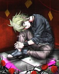 Rule 34 | 1boy, amami rantaro, antenna hair, black bracelet, blood, blood stain, blue footwear, blue shirt, blue sleeves, brown pants, checkered floor, closed mouth, commentary, danganronpa (series), danganronpa v3: killing harmony, english commentary, eyelashes, fingernails, flower, full body, glitch, green eyes, green hair, hair over one eye, hand on own leg, head tilt, highres, interlocked fingers, jewelry, light smile, long sleeves, male focus, male underwear, male underwear peek, multiple rings, own hands clasped, own hands together, pants, pendant, pink blood, red flower, red rose, ring, rose, shirt, shoes, short hair, signature, sitting, sleeves past elbows, solo, string, string of fate, striped clothes, striped shirt, thorns, ticket, underwear, vertical-striped sleeves, white male underwear, wibboo