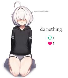 Rule 34 | 1girl, absurdres, ahoge, arc 9 (mikoscrub), black hoodie, blush, dolphin shorts, english text, female focus, hair intakes, hair over eyes, highres, hood, hood down, hoodie, meme, mikoscrub, original, shorts, simple background, sitting, solo, twitter, twitter strip game (meme), wavy mouth, white background, white shorts