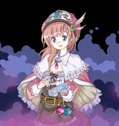 Rule 34 | 1girl, :d, atelier (series), atelier rorona, belt, belt buckle, black background, blue eyes, blunt bangs, breasts, brooch, brown dress, brown hair, buckle, buttons, capelet, cleavage, cloud, dress, feathers, female focus, food, frilled sleeves, frills, gem, hat, hat feather, high-waist skirt, holding, holding spoon, jewelry, long hair, long sleeves, looking at viewer, necklace, open mouth, pendant, pink hat, rororina fryxell, ruu (tksymkw), shaded face, simple background, skirt, sleeve cuffs, small breasts, smile, solo, spoon, tareme, wing collar