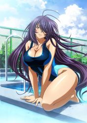 Rule 34 | 1girl, bare shoulders, blue eyes, breasts, cleavage, competition swimsuit, hair over one eye, ikkitousen, kan&#039;u unchou, kneeling, large breasts, long hair, looking at viewer, one-piece swimsuit, purple hair, smile, solo, swimsuit, tagme, very long hair