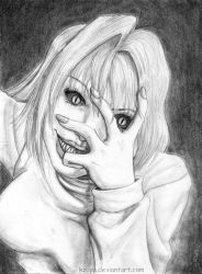 Rule 34 | 00s, arcueid brunestud, greyscale, hand on own face, melty blood, monochrome, red arcueid, solo, sweater, teeth, traditional media, tsukihime