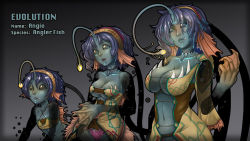 Rule 34 | 1girl, age progression, anglerfish, antennae, bankage, black eyes, blue hair, breasts, character name, cleavage, collarbone, colored skin, fang, fins, fish, fish girl, flat chest, glowing, green skin, hairband, illicium, large breasts, lips, lure, monster girl, multiple views, no pupils, nose, original, personification, pocket pussies, purple hair, see-through, short hair, solid eyes, strapless, tube top, underboob, webbed hands