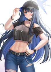 Rule 34 | 1girl, absurdres, alternate costume, arikawa rui, baseball cap, belt, black choker, black hair, black hat, black shirt, blue archive, blue eyes, blue hair, blue pants, bra strap, chain, choker, closed mouth, colored inner hair, cowboy shot, crop top, crop top overhang, dog tags, expressionless, halo, hand on headwear, hand on own hip, hand up, hat, highres, long hair, looking at viewer, midriff, multicolored hair, navel, off shoulder, pants, saori (blue archive), shirt, short sleeves, solo, standing, stomach, torn clothes, torn pants, two-tone hair, very long hair, wristband