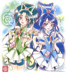 Rule 34 | 2girls, akimoto komachi, blue eyes, blue hair, butterfly brooch, butterfly earrings, butterfly hair ornament, cure aqua, cure mint, earrings, green eyes, green hair, hair ornament, high ponytail, highres, jewelry, long hair, magical girl, minazuki karen, multiple girls, official art, parted bangs, pouch, precure, smile, third-party source, yes! precure 5, yes! precure 5 gogo!