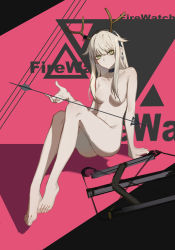 Rule 34 | 1girl, alternate hairstyle, antlers, arknights, barefoot, black choker, black hairband, breasts, caution tape, character name, choker, collarbone, commentary request, feet, firewatch (arknights), grey eyes, hair censor, hair down, hair flaps, hairband, highres, horns, keep out, knees up, leris muma, long hair, looking at viewer, medium breasts, nude, pussy, red background, sidelocks, silver hair, sitting, small breasts, solo, thighs