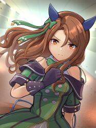 Rule 34 | 1girl, animal ears, bare shoulders, black gloves, blurry, blurry background, brown hair, buttons, double-breasted, dress, dutch angle, ear covers, gloves, green dress, hair between eyes, highres, horse ears, horse girl, houton tamago, king halo (umamusume), looking at viewer, off-shoulder dress, off shoulder, orange eyes, serious, solo, umamusume, wavy hair
