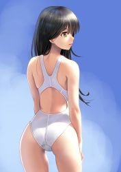 Rule 34 | 1girl, ass, back, black hair, blue background, brown eyes, commentary request, competition swimsuit, cowboy shot, from behind, gradient background, hands on own thighs, highres, katahira masashi, lips, long hair, looking to the side, one-piece swimsuit, original, profile, solo, standing, swimsuit, white one-piece swimsuit