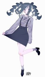 Rule 34 | 1girl, absurdres, afternooners, black footwear, blue eyes, blue hair, bow, bowtie, choker, eyeshadow, full body, grey bow, grey bowtie, grey shirt, grey socks, highres, holding, holding clothes, holding skirt, long hair, long sleeves, looking at viewer, makeup, multicolored eyes, original, red eyes, shirt, shoes, sidelocks, simple background, skirt, sleeves past wrists, socks, solo, standing, standing on one leg, twintails, white background