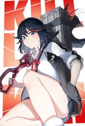 Rule 34 | 1girl, absurdres, black hair, black jacket, black serafuku, blue eyes, bow, case, commentary, english commentary, grey skirt, hand in pocket, highres, huge weapon, jacket, kill la kill, knee up, letterman jacket, light blush, light smile, looking at viewer, matoi ryuuko, multicolored hair, multicolored jacket, neck ribbon, open clothes, open jacket, over shoulder, penguin say, raglan sleeves, red hair, red ribbon, ribbon, school uniform, scissor blade (kill la kill), senketsu, serafuku, short hair, sitting, skirt, solo, strap, striped, sweatdrop, tied sleeves, two-tone hair, two-tone jacket, vertical stripes, weapon, weapon over shoulder, white jacket, white legwear