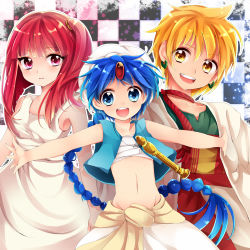 Rule 34 | 1girl, 2boys, :d, aladdin (magi), ali baba saluja, blonde hair, blue eyes, blue hair, checkered background, choker, dress, earrings, flute, instrument, jewelry, long hair, magi the labyrinth of magic, midriff, morgiana, multiple boys, navel, open mouth, outstretched arms, pout, red eyes, red hair, shirt, side ponytail, smile, spread arms, star (symbol), starry background, turban, uzuki aki, vest, white dress, yellow eyes