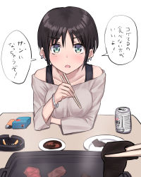 Rule 34 | 1girl, ashtray, bad id, bad pixiv id, beer can, black hair, blue eyes, bracelet, can, chopsticks, cigarette, cigarette pack, drink can, earrings, elbows on table, food, highres, jewelry, lighter, looking at viewer, meat, mole, off-shoulder shirt, off shoulder, open mouth, oribe arata, parted bangs, piercing, plate, shirt, short hair, soy sauce, translation request, white background