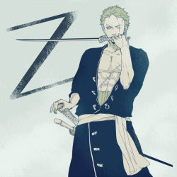 Rule 34 | 1boy, abs, green hair, haramaki, katana, male focus, mouth hold, muscular, one-eyed, one piece, one piece film: z, open clothes, robe, roronoa zoro, sash, scar, simple background, solo, standing, sword, weapon, zzz