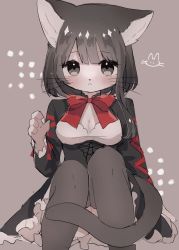 Rule 34 | 1girl, animal ears, black hair, black thighhighs, blush, bow, breasts, cat ears, cat tail, cleavage, corset, dress, female focus, frilled dress, frills, furry, furry female, grey background, highres, looking at viewer, medium hair, meg (115meg), original, red bow, solo, tail, thighhighs, whiskers