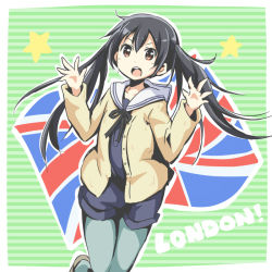Rule 34 | 1girl, black hair, brown eyes, cardigan, flag, k-on!, k-on! movie, pantyhose under shorts, long hair, nakano azusa, open cardigan, open clothes, pantyhose, riai (onsen), shorts, solo, striped, striped background, twintails, union jack